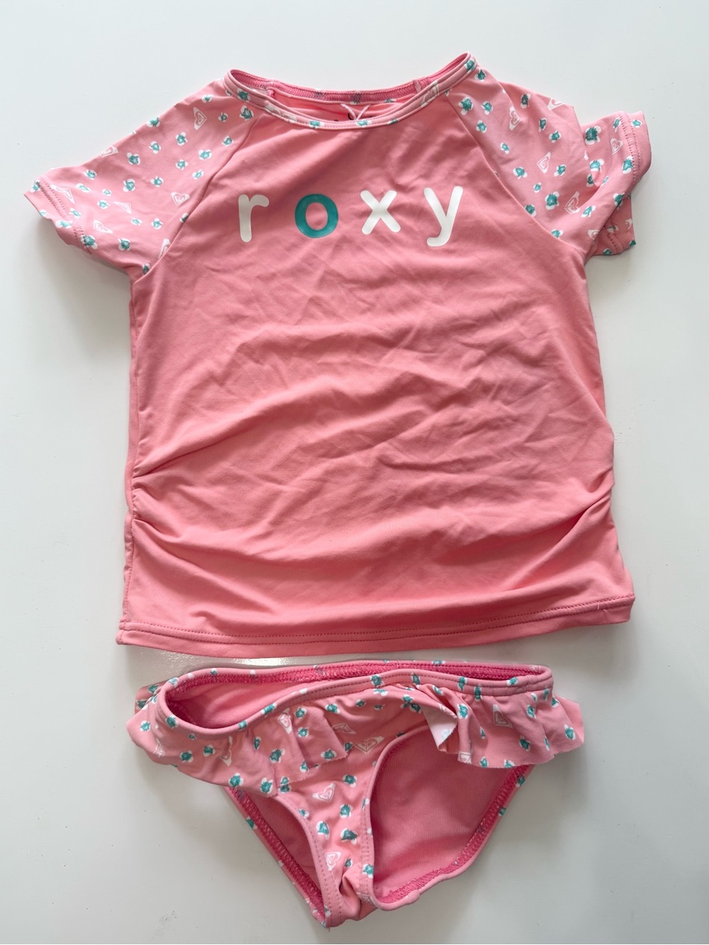 Roxy Girls' Pink Short Sleeve Rashguard Swim Set with Teal Accents